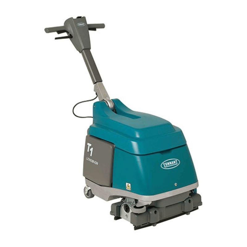 Tennant T1B Battery Compact Walk Behind Floor Scrubber angle view on a blank white background