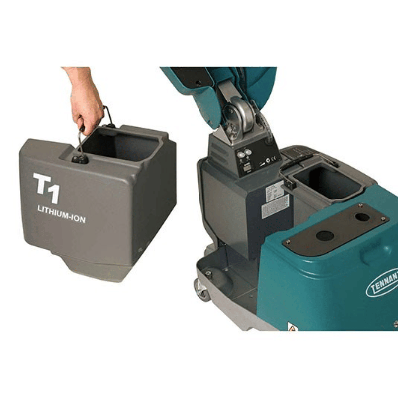 Teal and gray lithium-ion cleaning machine with a detachable container labeled T1 on a white background.