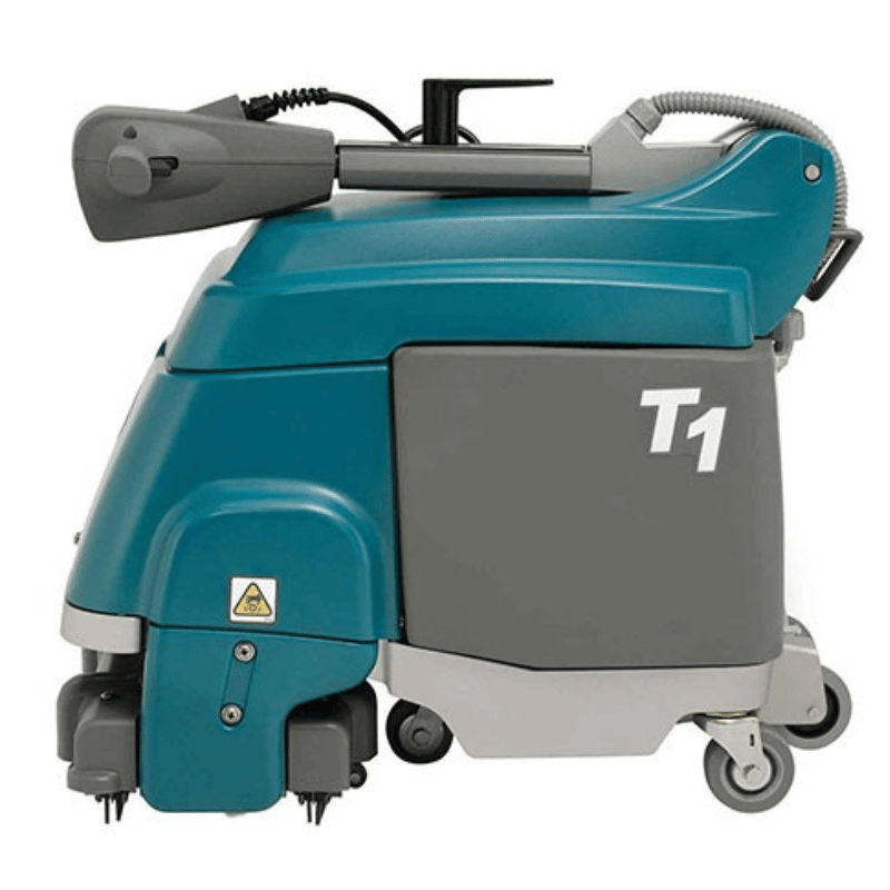 Teal and grey Tennant T1 Corded Compact Floor Scrubber with 'T1' branding on a white background