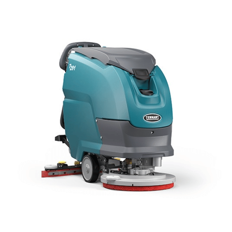 Tennant T291 Walk Behind Floor Scrubber front angle view on a blank white background