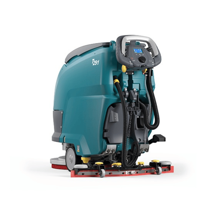 Tennant T291 Walk Behind Floor Scrubber rear view showing controls of the machine on a white background