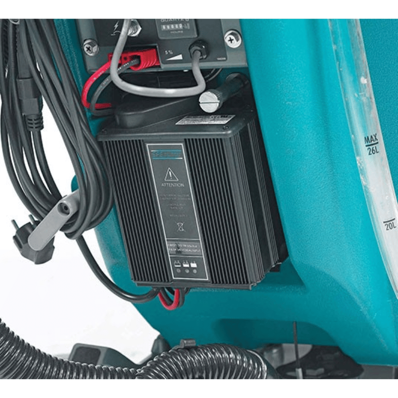 Tennant T2 Battery Walk behind Floor Scrubber close up view of the battery inverter on the machine