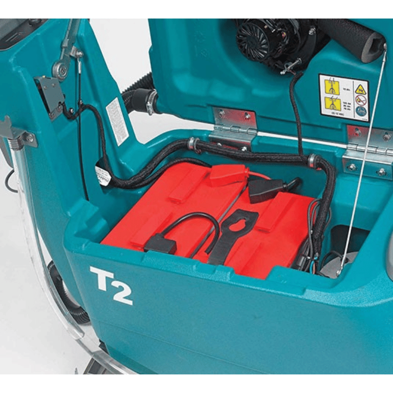 Tennant T2 Battery Walk behind Floor Scrubber close up image of battery inside the machine