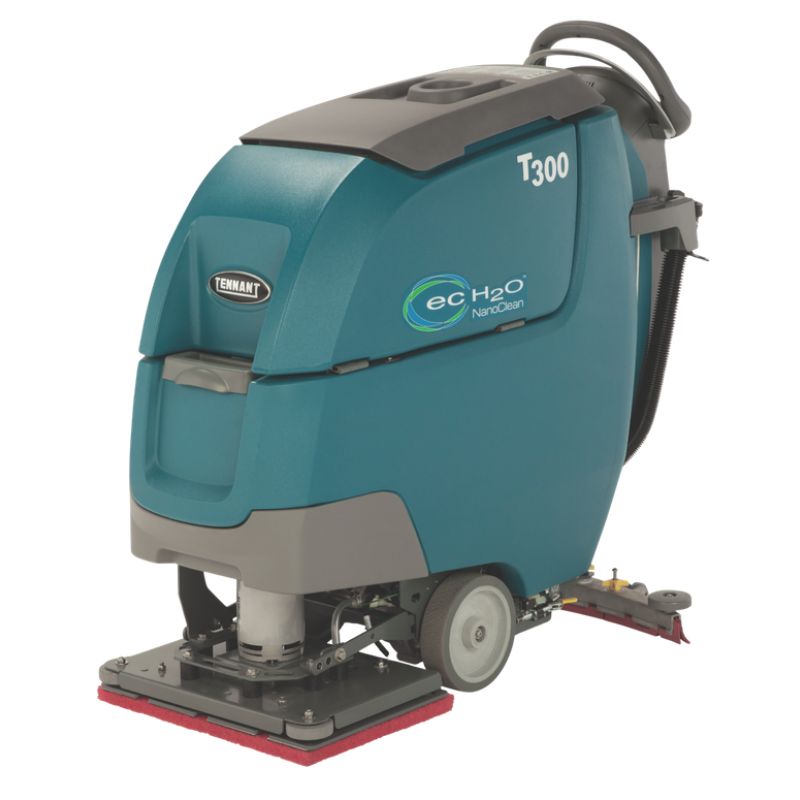 Tennant T300 500mm orbital walk behind floor scrubber front angle view on a blank white background. 