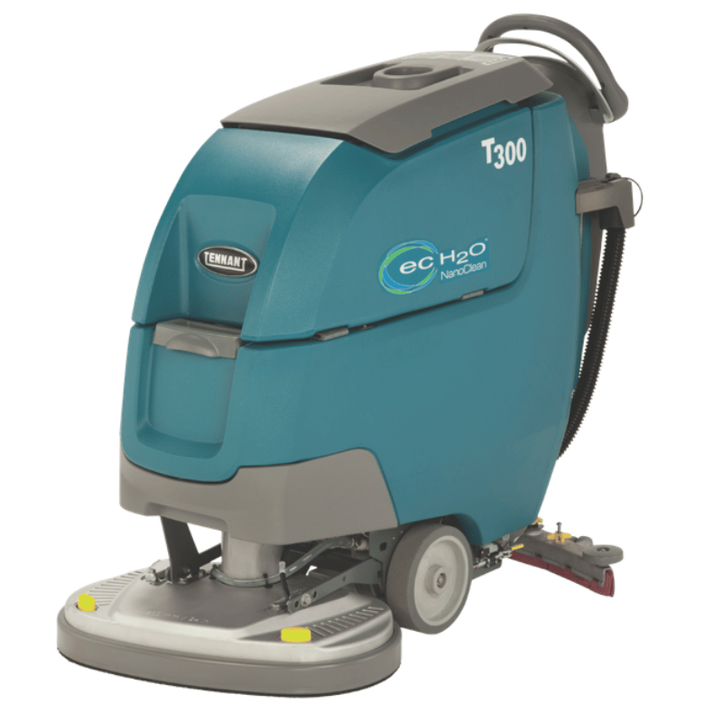 Tennant T300 600mm dual disk walk behind floor scrubber front angle view on white background. 