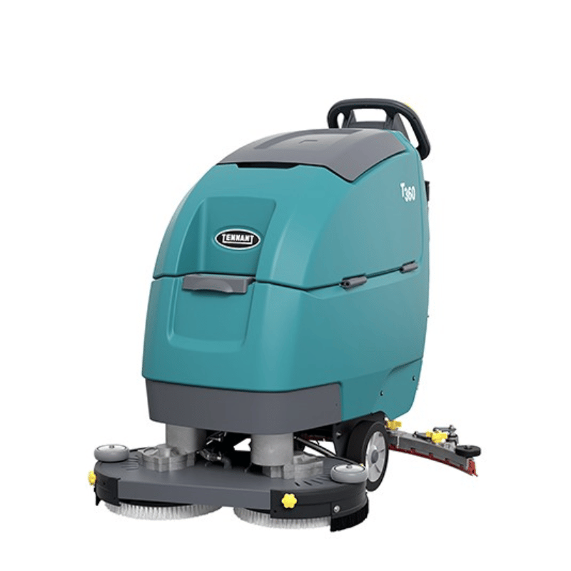 Teal floor cleaning machine with 'Tennant' branding on a white background
