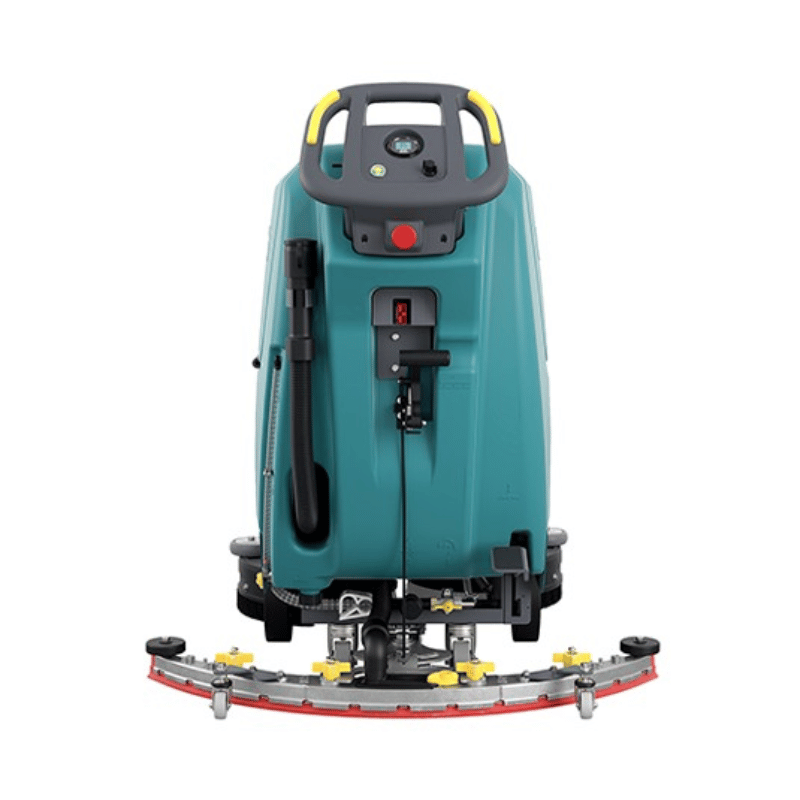 Teal floor cleaning machine with a red and gray cleaning head on a white background