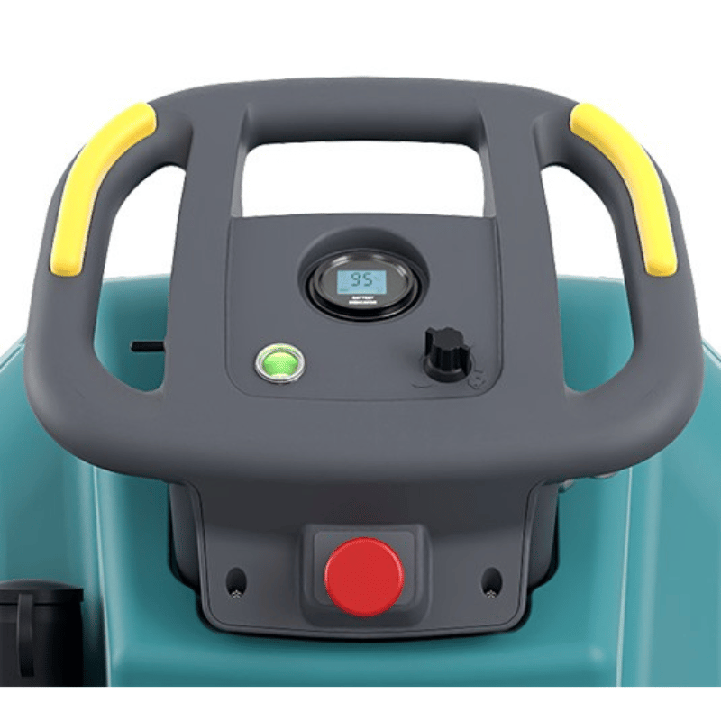 Control panel with steering wheel and buttons of a Tennant T360 Walk behind floor scrubber on a white background