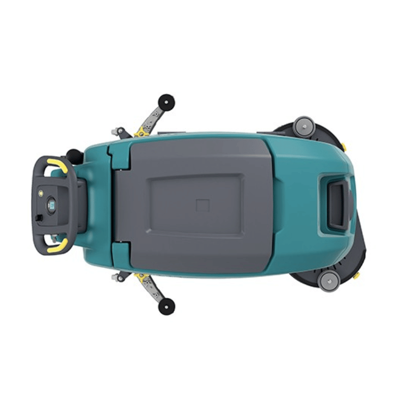 Top view of a Tennant T360 walk behind floor scrubber on a white background