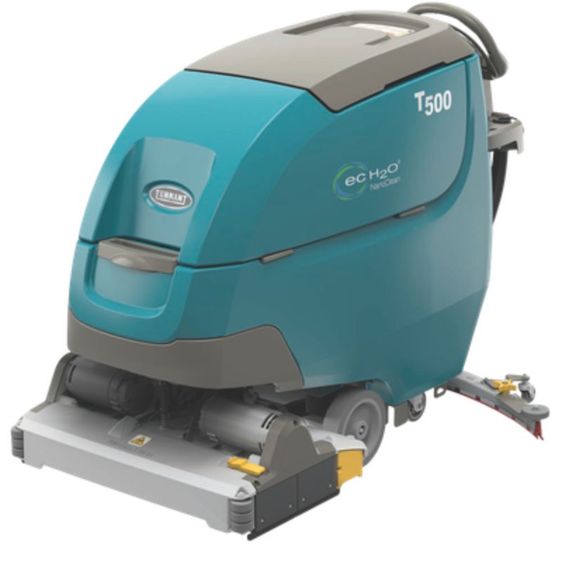 Tennant T500 700mm cylindrical walk behind floor scrubber front angle view on a blank white background. 