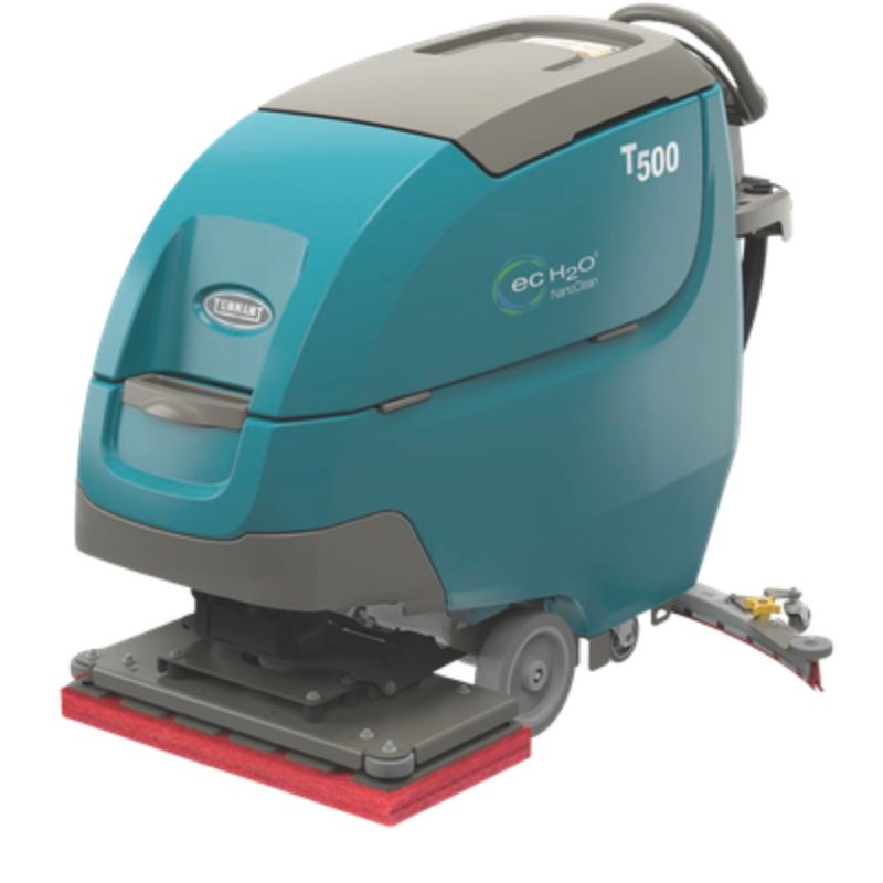 Tennant T500 700mm orbital walk behind floor scrubber front angle view on blank white background. 
