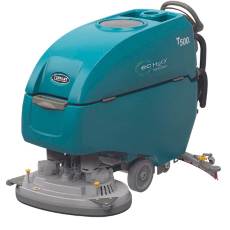 Tennant T500 800mm disk walk behind floor scrubber front angle view on a blank white background. 