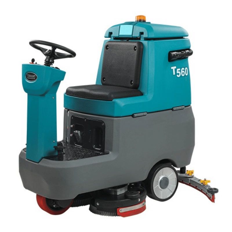 Tennant T560 Micro Ride On Floor Scrubber opposite angle view on black white background 