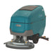 Tennant T600 900mm disk walk behind floor scrubber front angle view on blank white background. 
