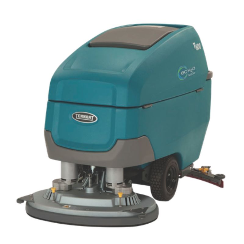 Tennant T600 900mm disk walk behind floor scrubber front angle view on blank white background. 