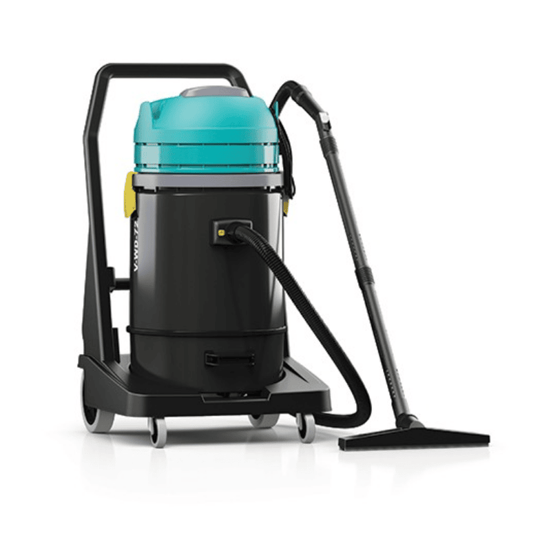 Tennant VWD72 Wet and Dry Vacuum front angle view with hose and floor tool attached on a blank white background