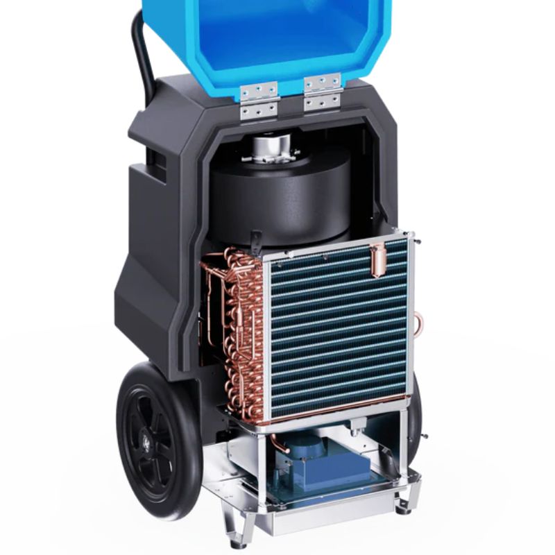 Thorair dehumidifier with top cover open showing internal coil components