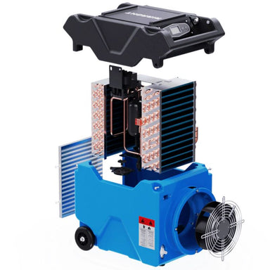 Thorair  90L commercial dehumidifier with internal components exposed, showing coil, fan, and filter panel