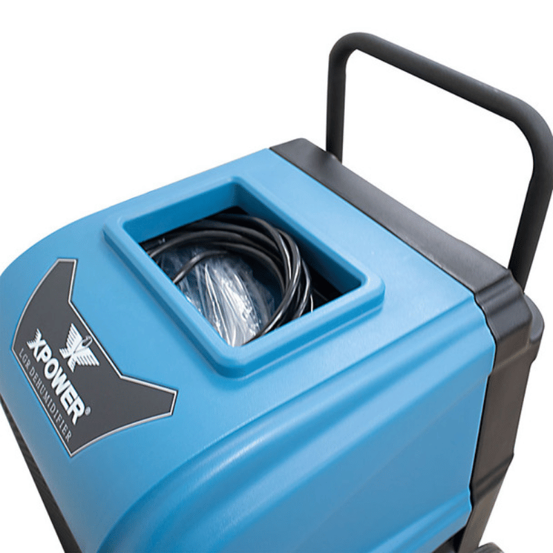 XPOWER 165L LGR Dehumidifier top view handle and storage 