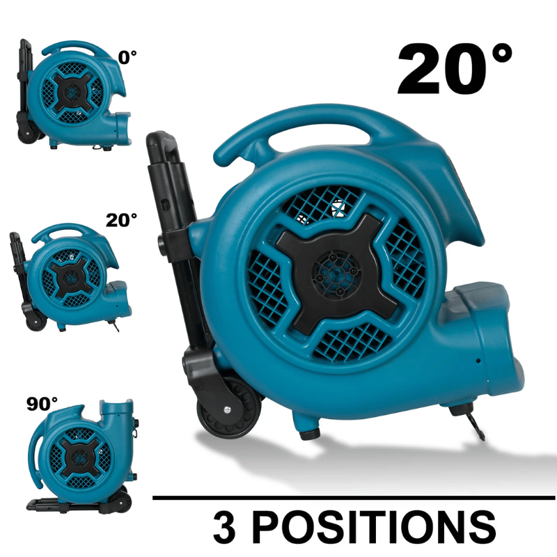 XPOWER X-800HC Heavy Duty Air Mover with wheels showing three adjustable positions on blank white background