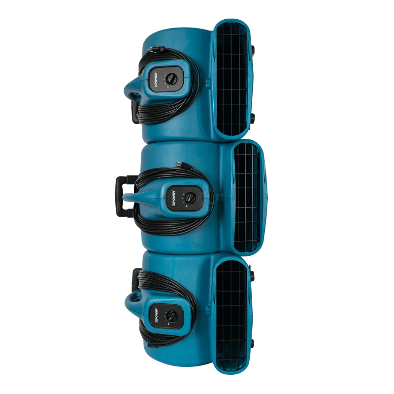 XPOWER X-800HC Heavy Duty Air Mover with wheels stacked on top of each other for storage on blank white background