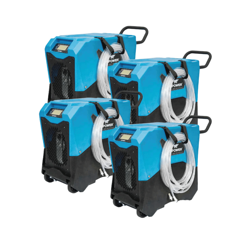 XPOWER 85L Commercial LGR Dehumidifier - four dehumidifiers next to each other on blank white background. 