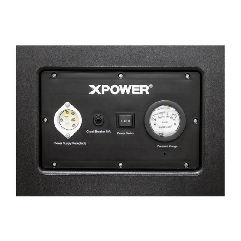 XPOWER control panel with power supply receptacle, circuit breaker, power switch, and pressure gauge on a white background.