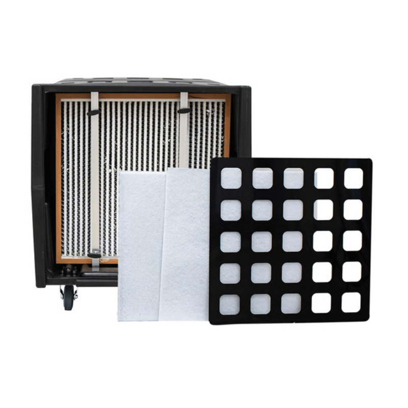 Xpower AP2000 High Volume Commercial Air Scrubber with grid and filter on a white background