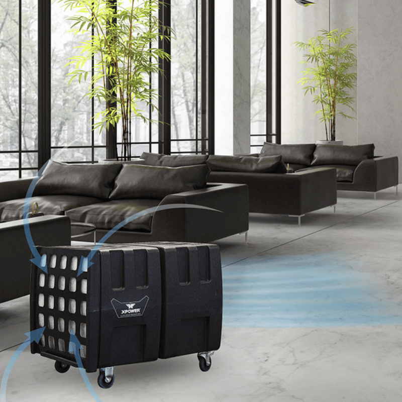 Xpower AP2000 High Volume Commercial Air Scrubber with wheels in a modern room with large windows and plants.