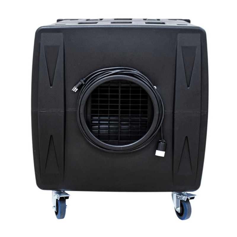 Black Xpower AP2000 High Volume Commercial Air Scrubber exhaust side with wheels on a white background