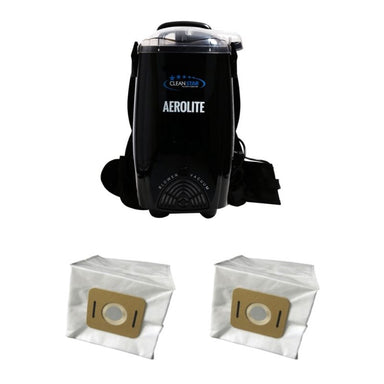 Black Cleanstar Aerolite VBP1400 backpack vacuum with two AF500S vacuum bag 5-packs