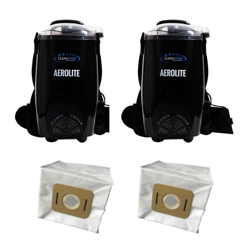 Two black Cleanstar Aerolite VBP1400 backpack vacuums with two AF500S vacuum bag 5-packs