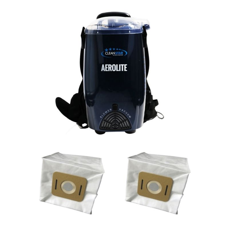 Blue Cleanstar Aerolite VBP1400 backpack vacuum with two AF500S vacuum bag 5-packs