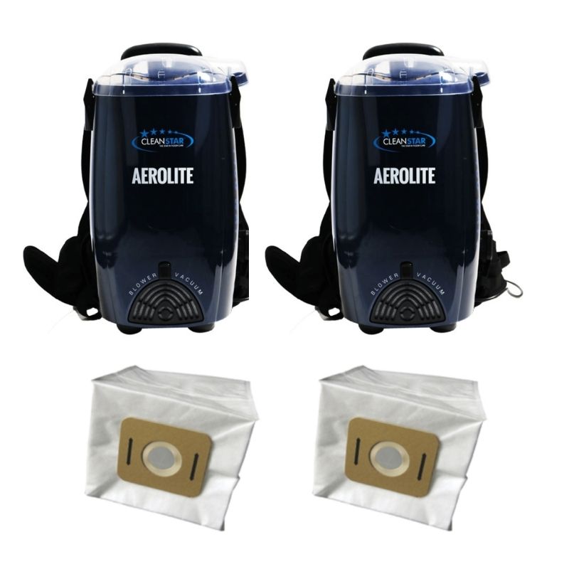 Two blue Cleanstar Aerolite VBP1400 backpack vacuums with two AF500S vacuum bag 5-packs