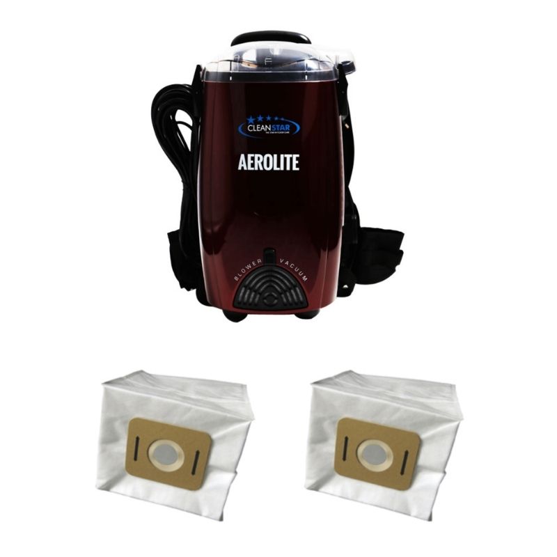 Red Cleanstar Aerolite VBP1400 backpack vacuum with two AF500S vacuum bag 5-packs