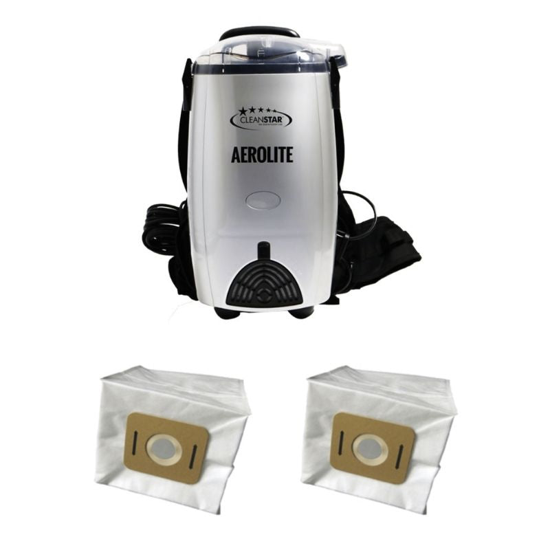 Silver Cleanstar Aerolite VBP1400 backpack vacuum with two AF500S vacuum bag 5-packs