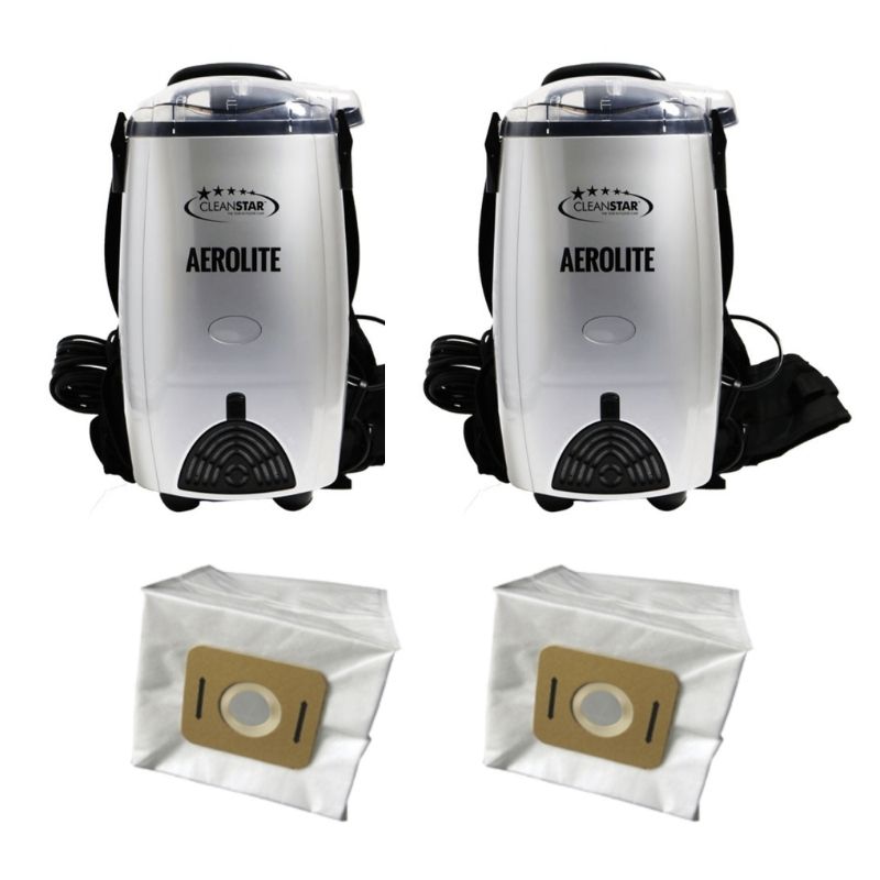 Two Cleanstar Aerolite VBP1400 silver backpack vacuums above two AF500S Aerolite vacuum bag 5-packs