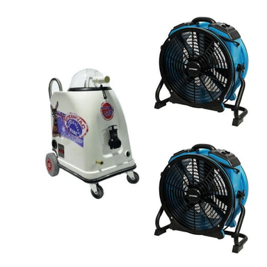 Carpet Clean + Dry Pack: Steamvac Max 220 carpet extractor beside two XPOWER X-47ATR air movers