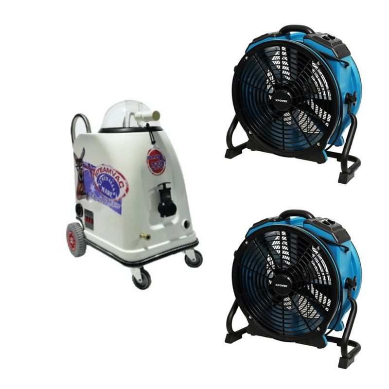 Carpet Clean + Dry Pack: Steamvac Max 220 carpet extractor beside two XPOWER X-47ATR air movers