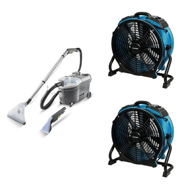 Carpet Clean + Dry Pack: Cleanstar P50 portable carpet extractor beside two blue XPOWER X-47ATR air movers