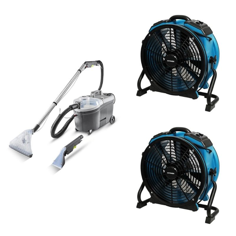 Carpet Clean + Dry Pack: Cleanstar P50 portable carpet extractor beside two blue XPOWER X-47ATR air movers