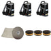 Three black Ghibli T1 backpack vacuums with clear lids, a 100 pack of T1 vacuum bags and three T1 HEPA filters