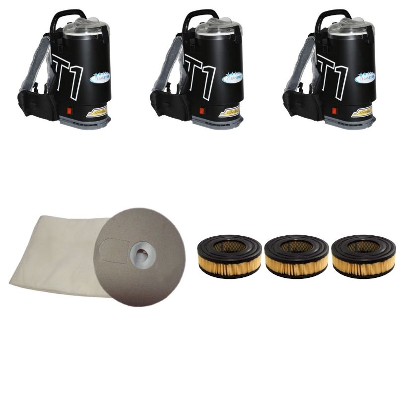 Three black Ghibli T1 backpack vacuums with clear lids, a 100 pack of T1 vacuum bags and three T1 HEPA filters