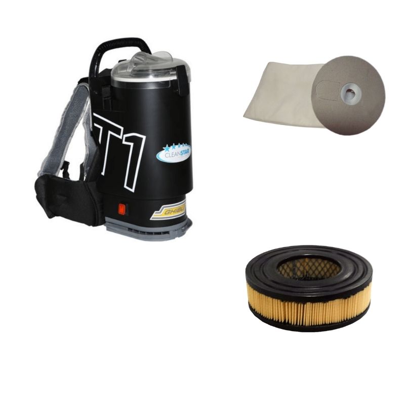 Black Ghibli T1 backpack vacuum with clear lid, 6 pack of T1 vacuum bags and a T1 HEPA filter