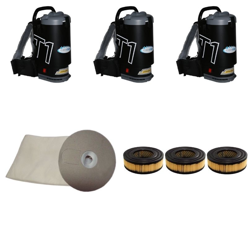 Three black Ghibli T1 backpack vacuums with a 100 pack of T1 vacuum bags and three T1 HEPA filters