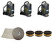 Three charcoal Ghibli T1 backpack vacuums with clear lids, a 100 pack of T1 vacuum bags and three T1 HEPA filters