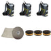 Three charcoal Ghibli T1 backpack vacuums with grey lids, a 100 pack of T1 vacuum bags and three T1 HEPA filters