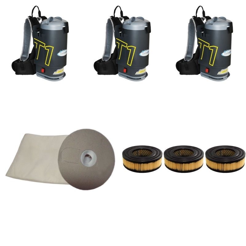 Three charcoal Ghibli T1 backpack vacuums with grey lids, a 100 pack of T1 vacuum bags and three T1 HEPA filters