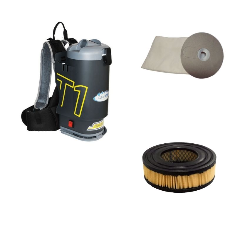 Charcoal Ghibli T1 backpack vacuum with grey lid, 6 pack of T1 vacuum bags and a T1 HEPA filter