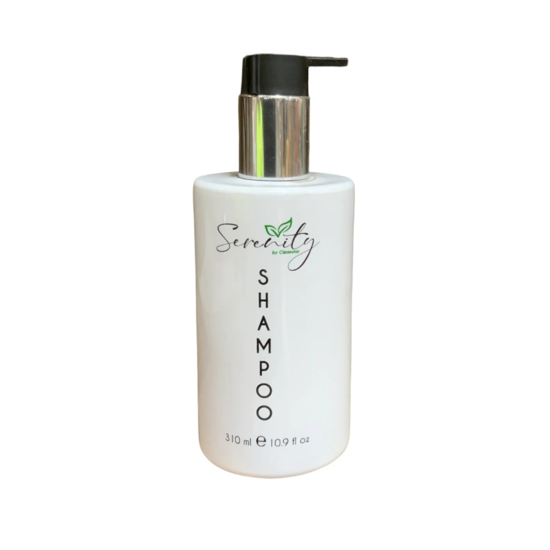 Serenity Shampoo Pump Bottle 310ml 50 Pack Hotel Amenities Range on a white coloured background